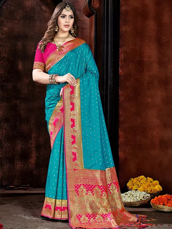 Silk Small Butti Saree In Flower Border With Blouse And Tassles Pallu For Casual Occasion