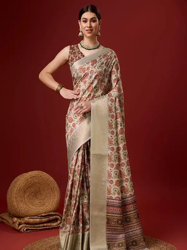 Dark-Vanila Cotton Saree In Flower Motif With Blouse For Casual Occason