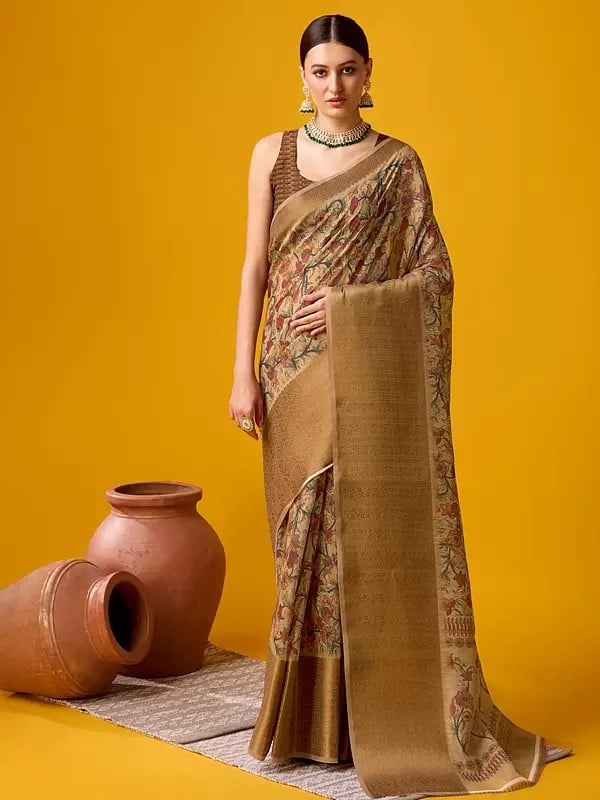 Very-Light-Brown Cotton Saree In Wide Border With Blouse For Women