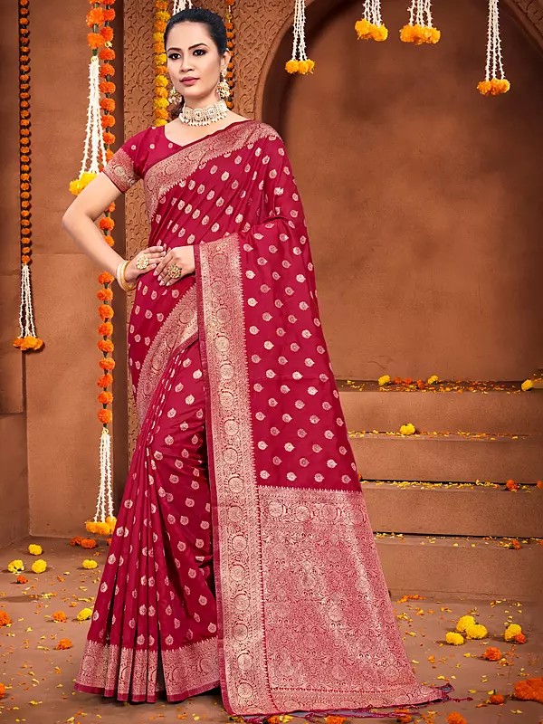 Designer Small Butti Silk Saree With Blouse & Tassles Pallu For Women