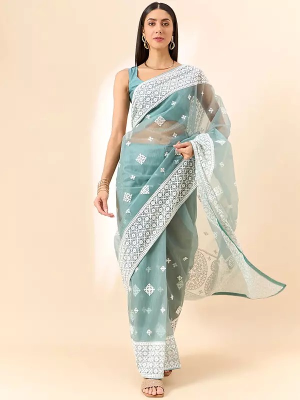 Fancy Organza Geometric Embroidered Saree with Blouse for Casual Occasion