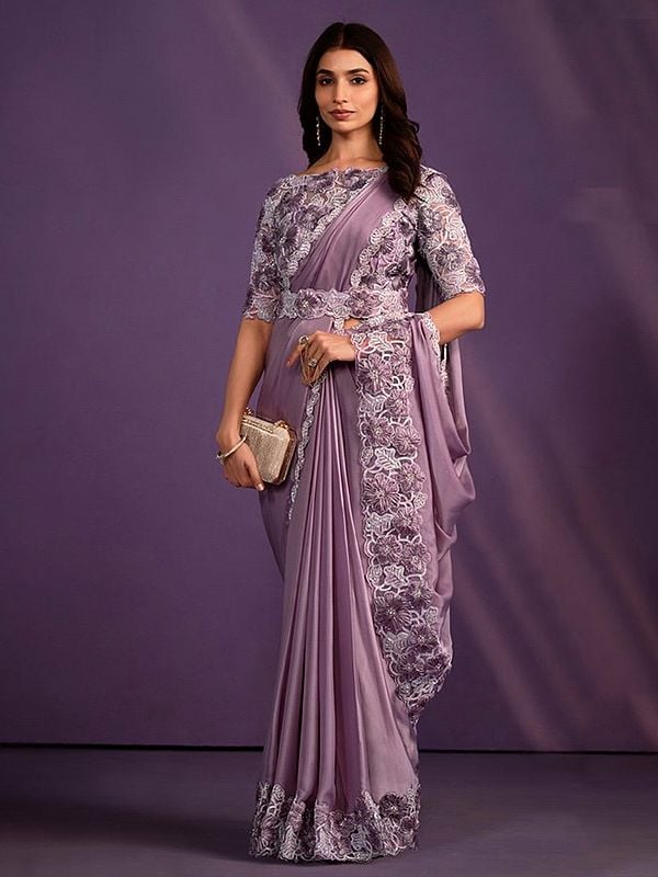 Crepe Satin Silk Saree With Stitched Blouse Sequence, Cord, Thread Embroidered With Stone Work