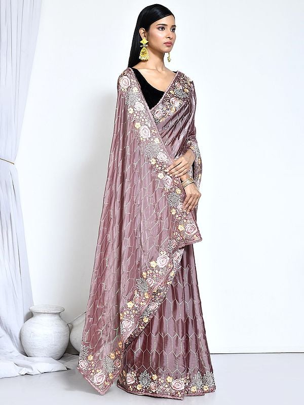 Fancy Satin Silk Saree With Unstitched Blouse Sequence Embroidered With Stone Work