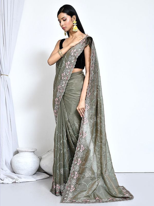 Organza Jari Silk Saree With Unstitched Blouse Sequence Embroidered With Stone Work