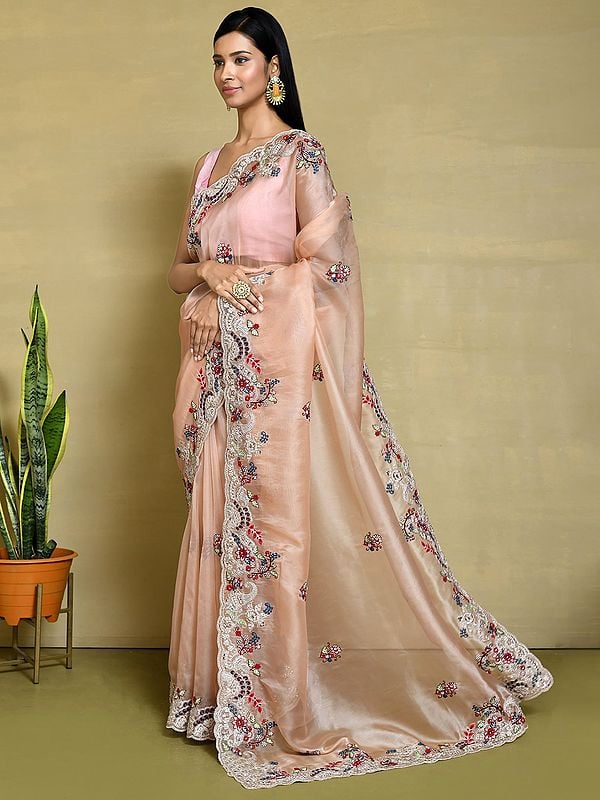 Net Organza Silk Saree With Unstiched Blouse Floral Embroidered With Stone Work