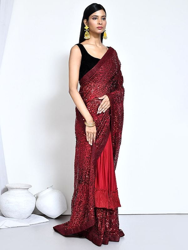 Crystal Silk Saree With Unstiched Blouse Sequence Embroidered
