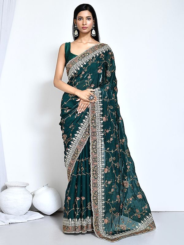 Designer Satin Silk Saree With Unstiched Blouse Sequence Embroidered For Women