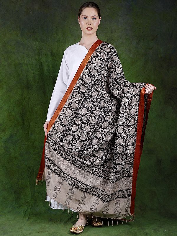 Stretch-Limo Kalamkari Dupatta from Telangana with Zari Border and Printed Paisleys