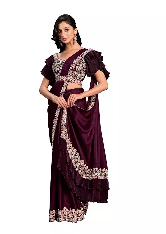 Wine Crepe Satin Silk Floral Border Embroidered Ready To Wear Saree With Stitched Blouse