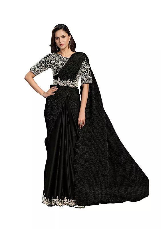 Black Crepe Satin Embroidered Ready To Wear Saree With Stitched Blouse