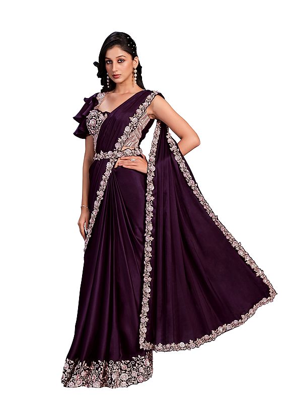 Purple Crepe Satin Silk Flower Border Embroidered Ready To Wear Saree With Stitched Blouse