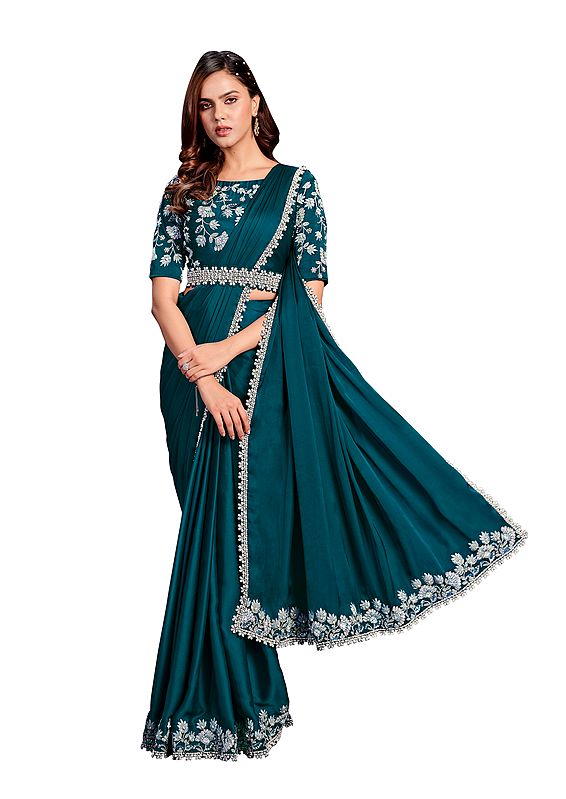Turquoise Blue Crepe Satin Silk Flower Pallu Embroidered Ready To Wear Saree With Stitched Blouse