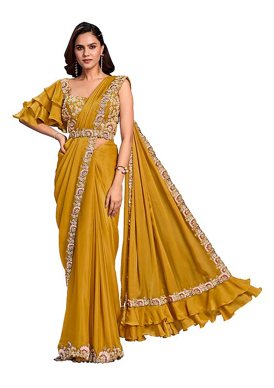 Mustard Crepe Satin Silk Embroidered Ready To Wear Saree With Stitched Blouse