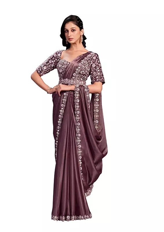 Brown Crepe Satin Silk Embroidered Ready To Wear Saree With Stitched Blouse