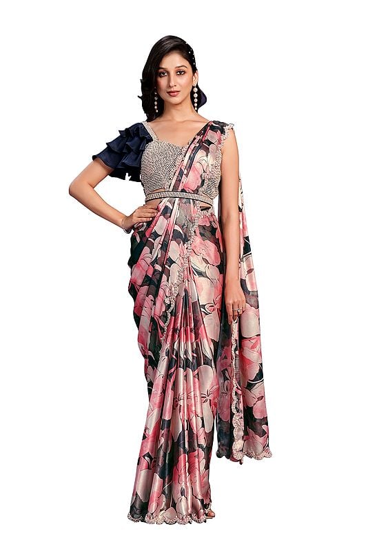 Pink Satin Silk Embroidered Ready To Wear Saree With Stitched Blouse
