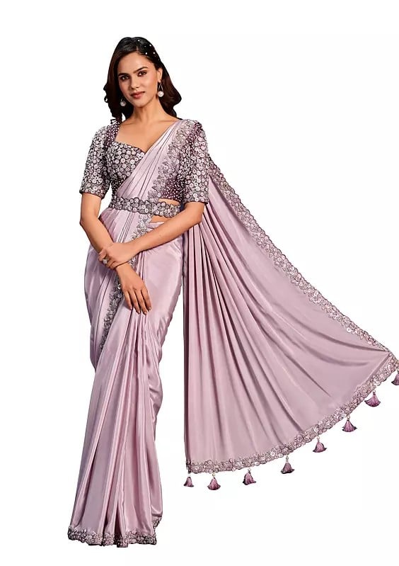 Lavendar Pure Crepe Georgette Embroidered Ready To Wear Saree With Stitched Blouse