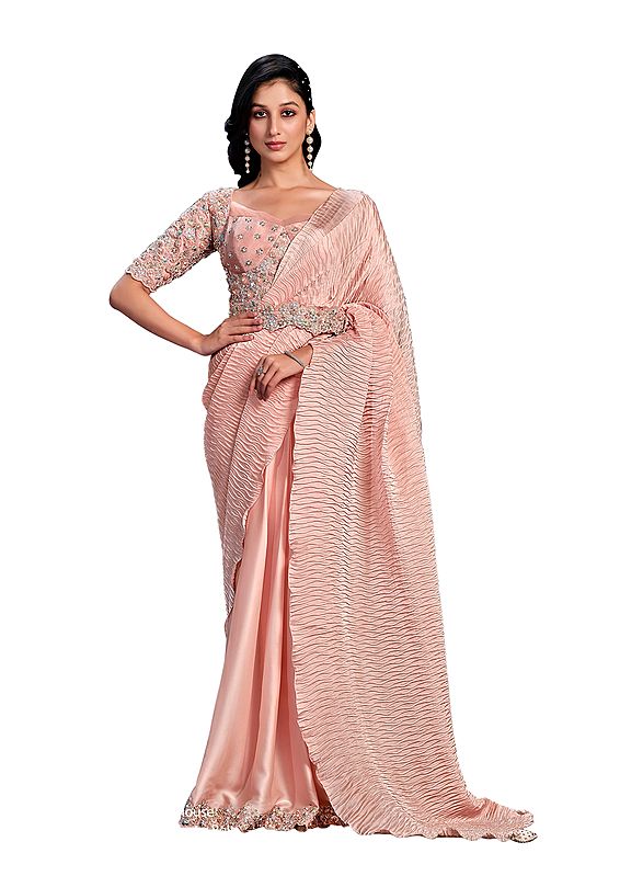 Peach Crepe Satin Silk Embroidered Ready To Wear Saree With Stitched Blouse