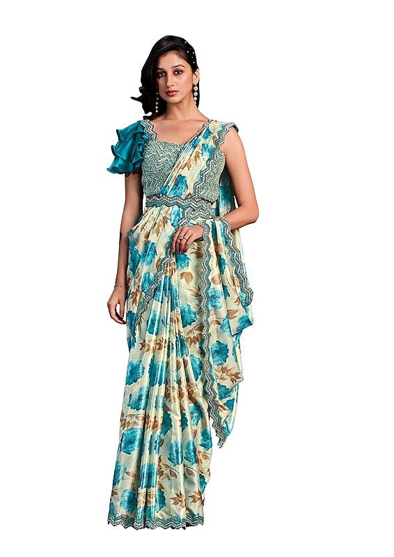 Beige & Blue Satin Silk Embroidered Ready To Wear Saree With Stitched Blouse