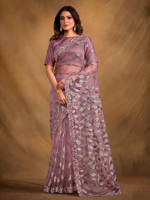 Velvet Texture Net Designer Saree In Flower Border With Blouse