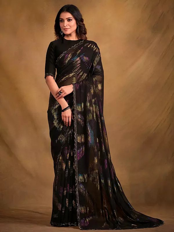 Zari Jacquard Print Saree In Handwork Lace With Blouse