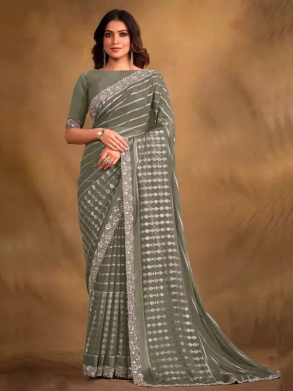 Georgette Kasab Sequence & Cord Embroidered Saree With Blouse