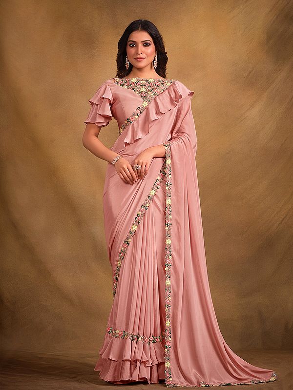 Crepe Georgette Silk Thread And Jari Embroidered Saree With Blouse