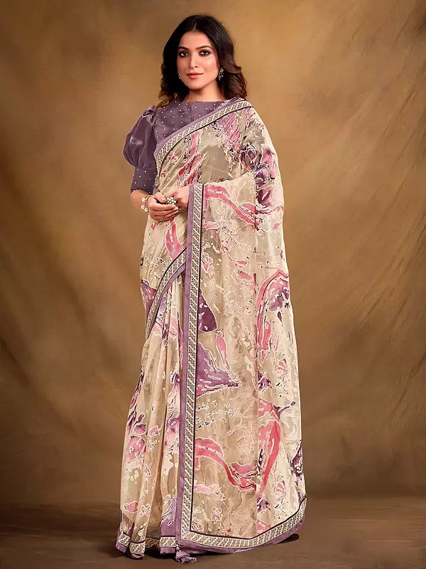 Organza Abstract Print Design Saree With Blouse For Lady