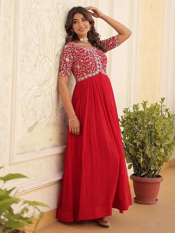 All Season Designer Embroidery Zari Sequins-work Faux Blooming  Georgette Gown
