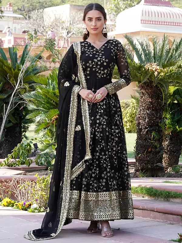 Fancy Designer Thread Sequins Embroidered work Faux Blooming Gown with Dupatta