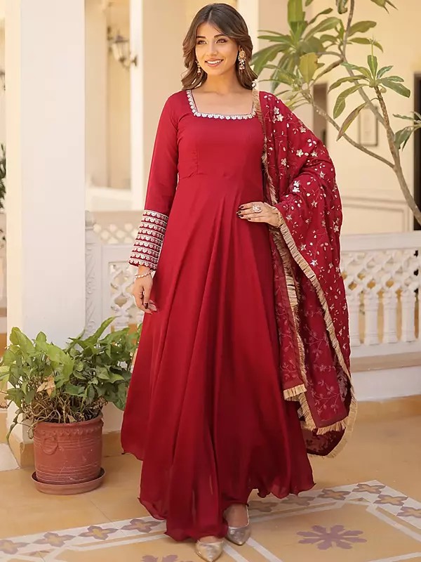 Designer Gown with Dupatta Vichitra Silk Embroidery Zari Sequins-work