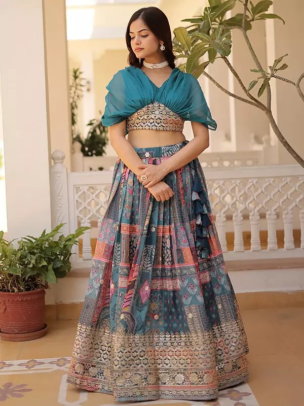 Russian Silk Lehenga & Crop Top Designer Digital Printed With Foil Embroidery Work