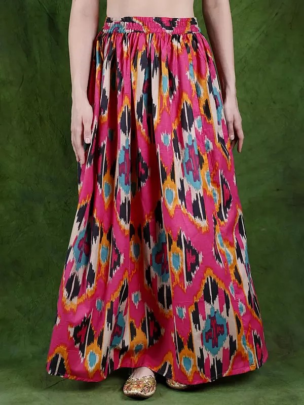 Pure Cotton Elastic-Waist Long Maxi Skirt with Multi-Colored Ikat Print