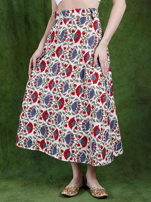 Lucent-White Wrap Around Long Skirt with Block Printed Flowers
