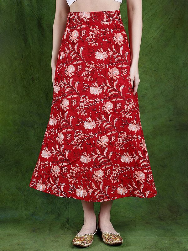 Mars-Red Pure Cotton Warp-On Skirt with All-Over Floral Print