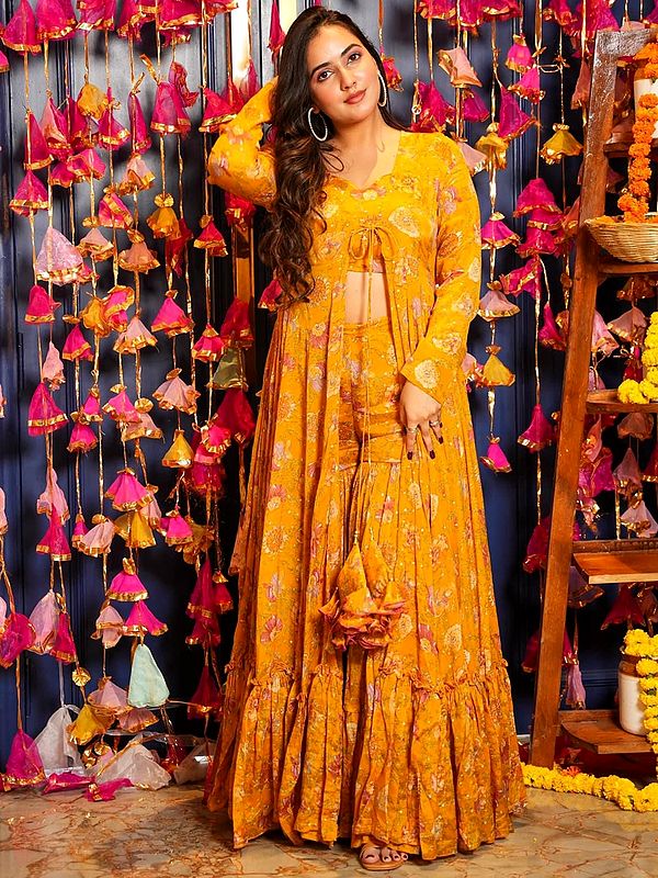 Yellow-Orange Heavy Airtex Chinon Digital Print Full Round Flair 3 Piece Koti Style Indo-Western Suit