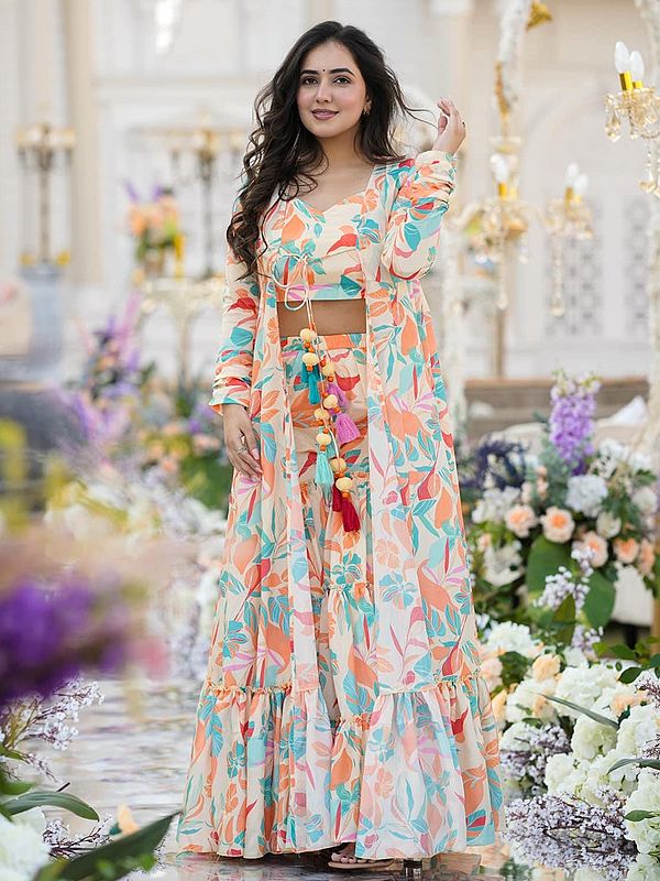 Multicolor Heavy Airtex Chinon Digital Print Full Round Flair 3 Piece Koti Style Indo-Western Suit