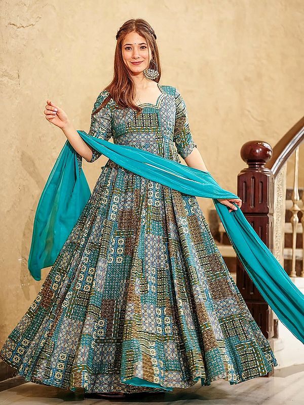 Sea-Turtle-Green Heavy Rayon Fully Flared Anarkali Suit With Digital Print