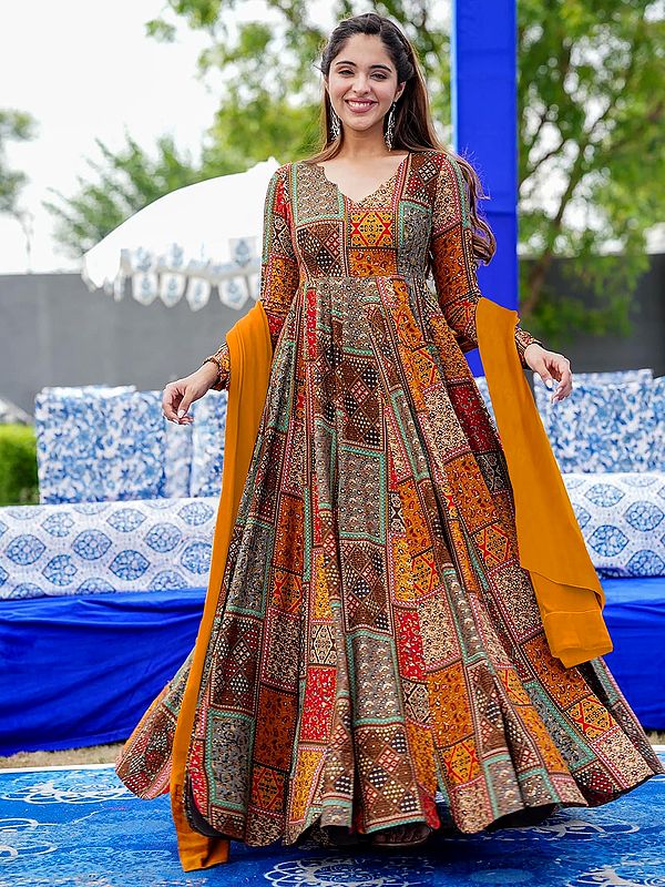 Multicolor Heavy Rayon Fully Flared Anarkali Suit With Digital Print