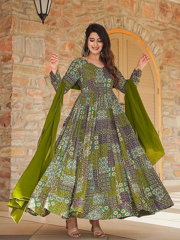 Olive Heavy Rayon Fully Flared Anarkali Suit With Digital Print