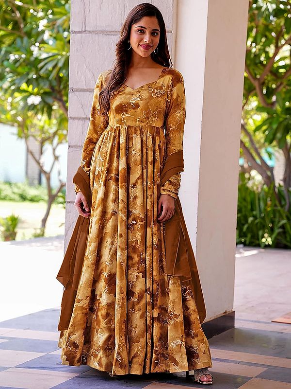 Persian-Orange Heavy Rayon Fully Flared Anarkali Suit With Digital Print