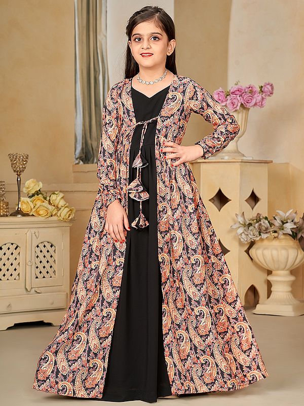 Black Faux Georgette Digital Print Full Round Flair 2 Piece Shrug Set Indo-Western Suit For Kids