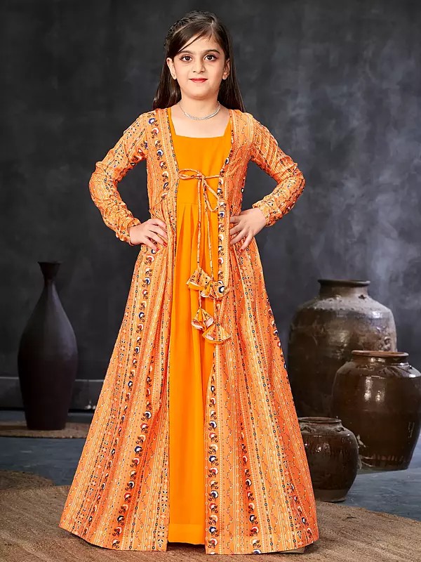 Orange-Peel Faux Georgette Digital Print Full Round Flair 2 Piece Shrug Set Indo-Western Suit For Kids