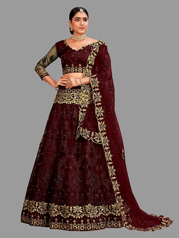 Net Embroidery Thread Work Lehenga For Womens