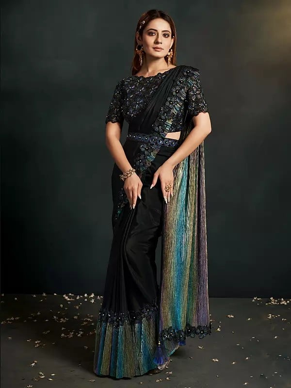 Jet - Black Georgette Saree with Multi Colour Border and Flower Pattern Blouse