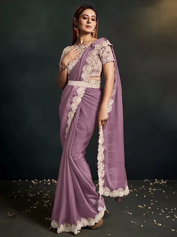 Saree with Organza Silk Blouse , Flower Patterned Border and Tassles