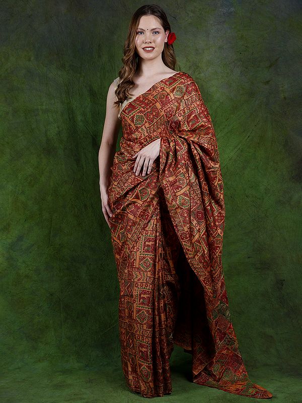 Multicolor Printed Crepe Saree with Chain-Stitch Embroidery
