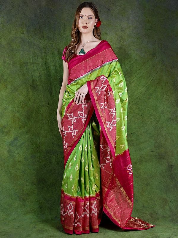 Green-Flash Pure Silk Ikat Handloom Saree from Pochampally with Wide Contrast Border