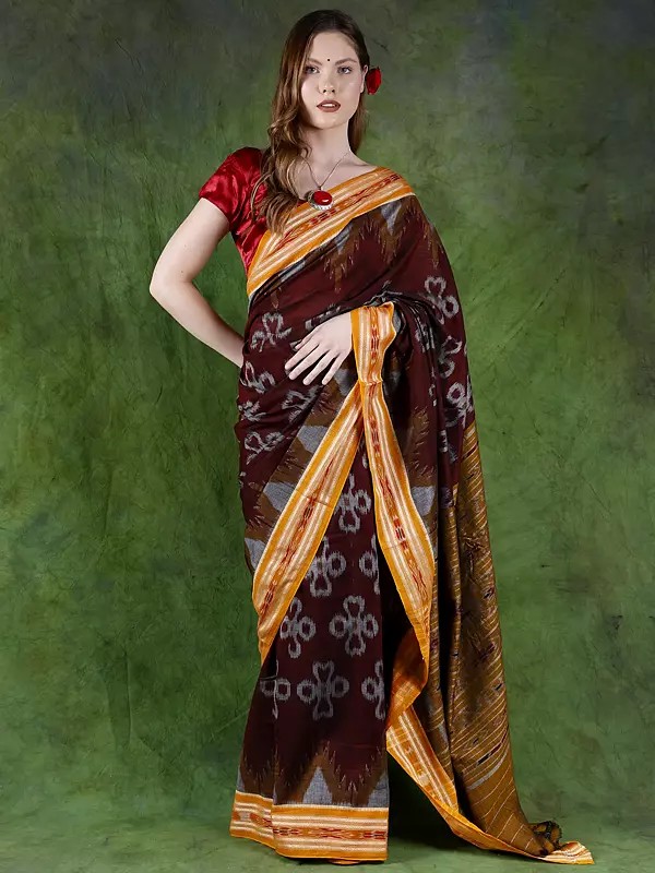 New-Maroon Sambalpuri Handloom Saree with Ikat Woven All-over and Temple Border