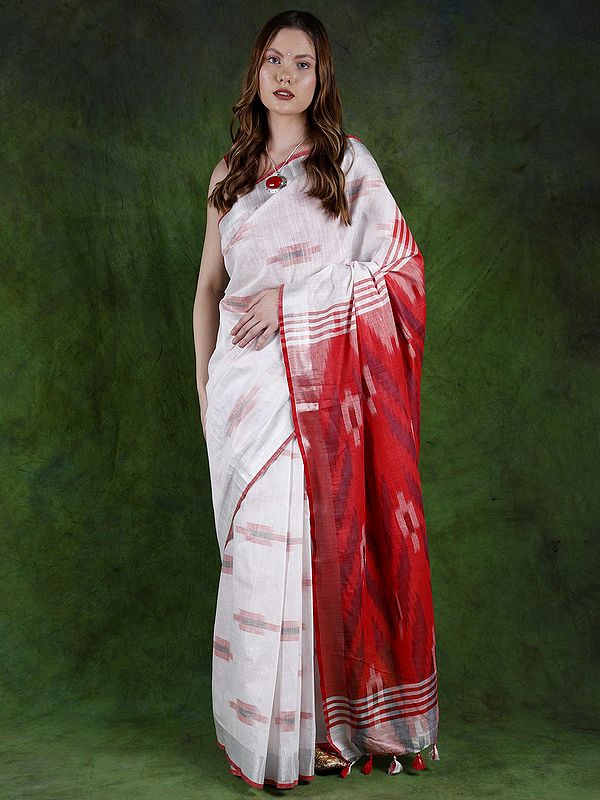 Cotton White Saree with Woven Ikat Pattern and Silver Zari Border