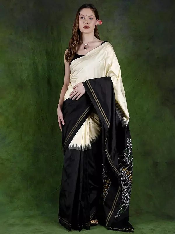 Black and Ivory Pure Silk Temple Border Saree from Pochampally with Ikat Woven Pallu